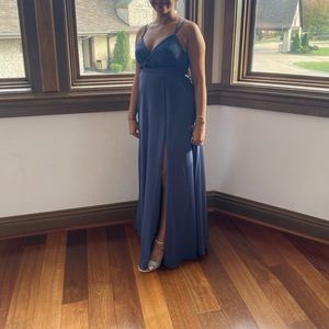 NWT Azazie Aubrey Bridesmaid Maxi Gown Dress Stormy Blue